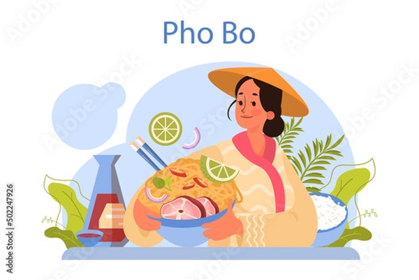 Fototapeta Pho bo concept. Vietnamese soup in a bowl. Traditional spicy meal