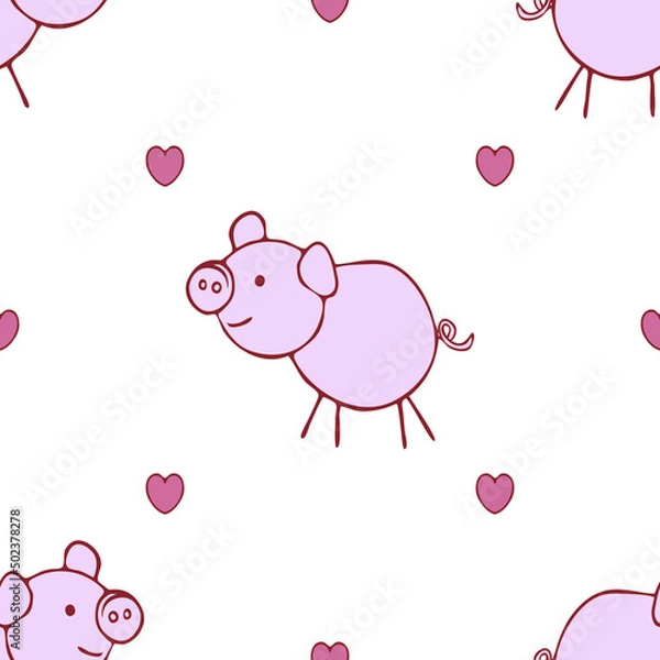 Fototapeta Seamless vector pattern with cute pig on white background. Simple hand drawn love animal wallpaper design. Decorative valentines day fashion textile.