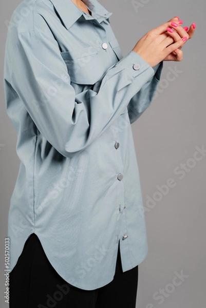 Fototapeta Stylish girl in a blouse and trousers. Studio portrait.