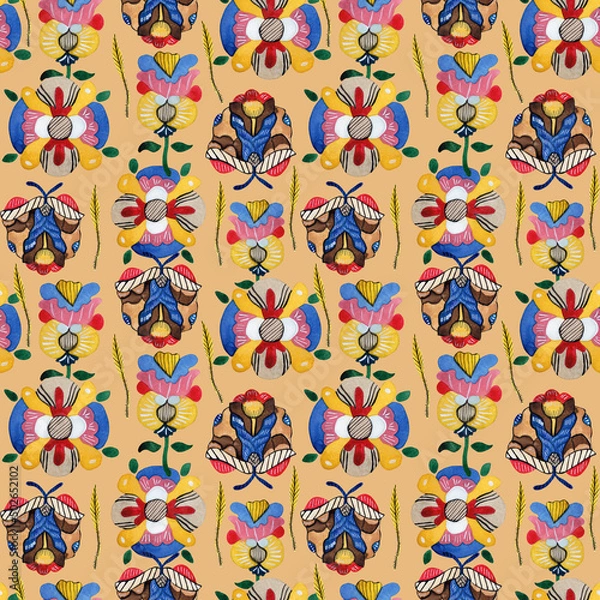 Fototapeta Seamless pattern of flowers, which are made in the style of avant-garde decorative arts of Ukraine in the early 20th century.