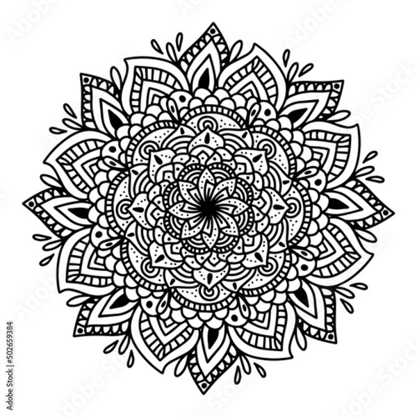 Fototapeta Mandala circular symmetric pattern. Oriental motif. floral decorative round ornament in black outline. Vector illustration isolated on white background. Arabic, Indian print. yoga symbol.