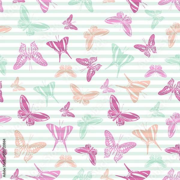 Fototapeta Flying butterfly silhouettes over striped background vector seamless pattern.