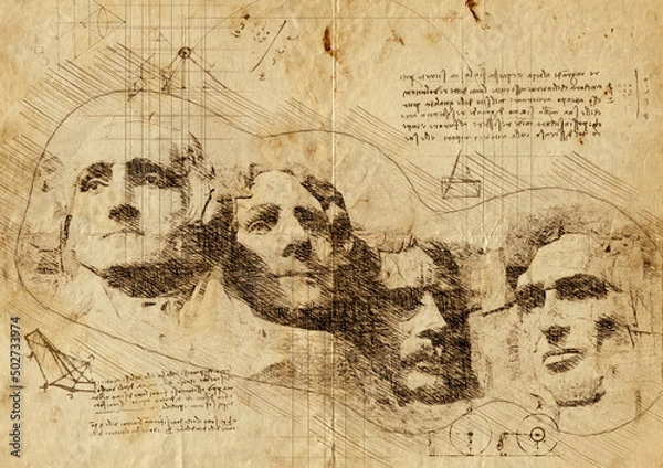 Fototapeta Sketch of Mount Rushmore National Memorial, South Dakota, America, hand-drawn. Da Vinci concept