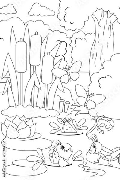 Fototapeta Swamp in the forest with characters. Different characters, fish, insects and nature coloring book.