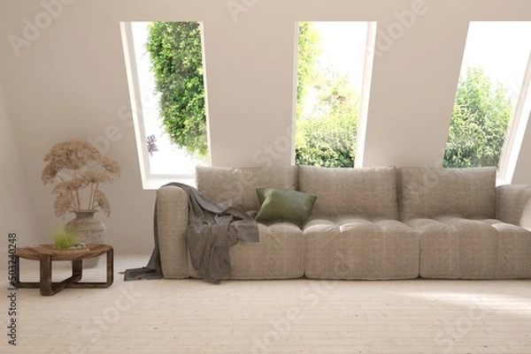 Fototapeta White living room with sofa and summer landscape in window. Scandinavian interior design. 3D illustration