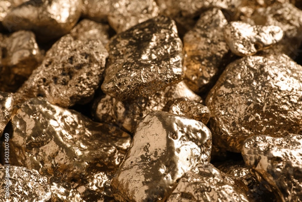 Fototapeta Pile of gold nuggets as background, closeup