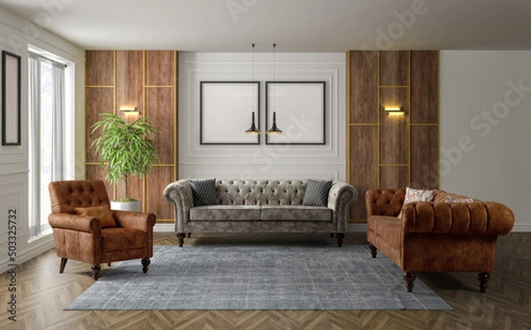 Fototapeta 3D rendering of modern living room .modern furniture set.