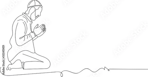 Fototapeta Outline sketch drawing of muslim man doing prayer, Islamic logo silhouette, line art sketch illustration of islamic man doing prayer