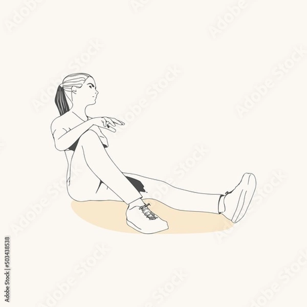 Fototapeta Sitting woman. Sport girl illustration. Casual sportwear - t-shirt, breeches and sneakers. Young woman wearing workout clothes. Sport fashion girl outline in urban casual style.