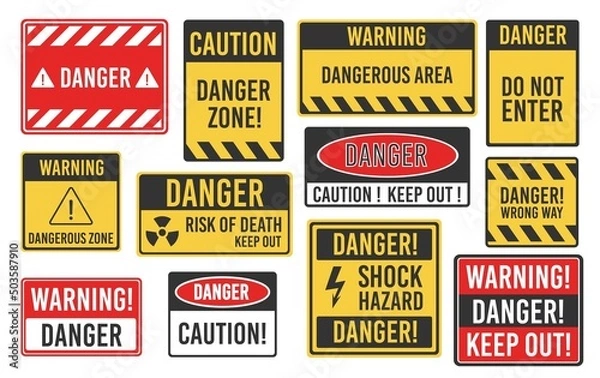 Fototapeta Warning, caution and dangerous area alert attention isolated vector signs and plates. Danger yellow signs for safety, hazard shock, keep out and caution warning and risk zone symbols on sign plates