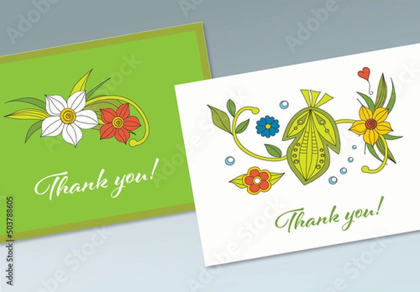 Fototapeta Thank You Card Template with Hand Drawn Flowers