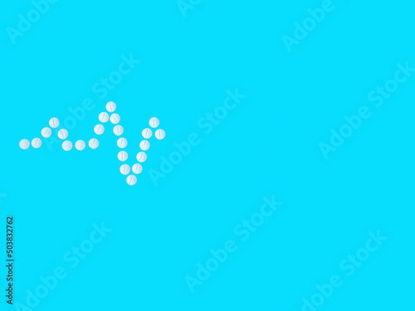 Obraz Heart shape and cardiogram made by medical pill on blue background. Healthcare, cardiology and medical concept. Top view flat lay, copy space