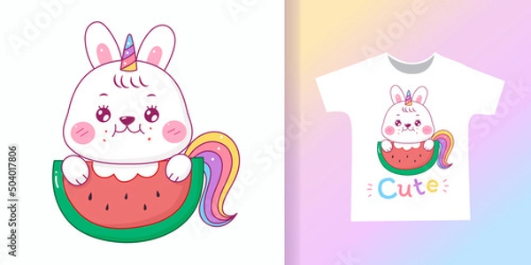 Fototapeta cute rabbit unicorn eating watermelon cartoon pastel color for t-shirt.