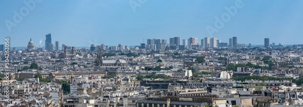 Fototapeta Paris, aerial view of beautiful monuments, the new courthouse, the Pantheon dome, Notre-Dame church, typical roofs
