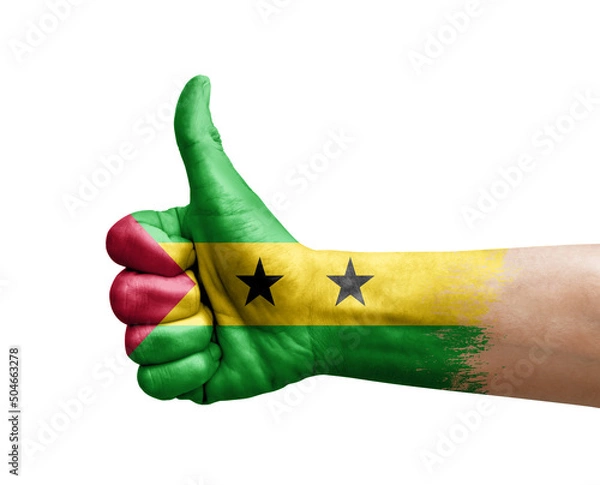 Fototapeta Hand making thumb up painted with flag of sao tome and principe