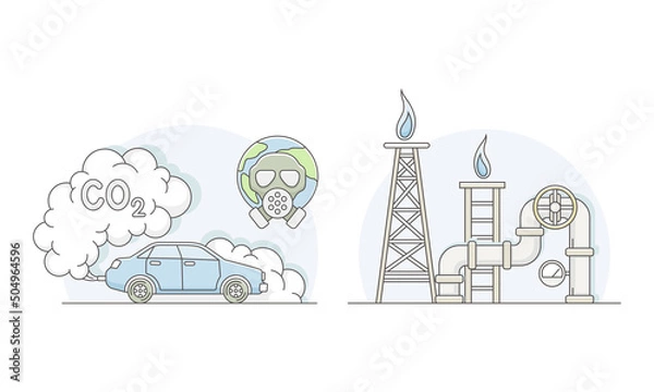 Fototapeta Environmental pollution set. CO2 emissions with transport and industrial burning pipes of factory lined vector illustration