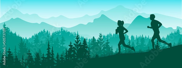 Fototapeta Silhouette of boy and girl jogging. Forest, meadow, mountains. Horizontal landscape banner. Violet illustration. 