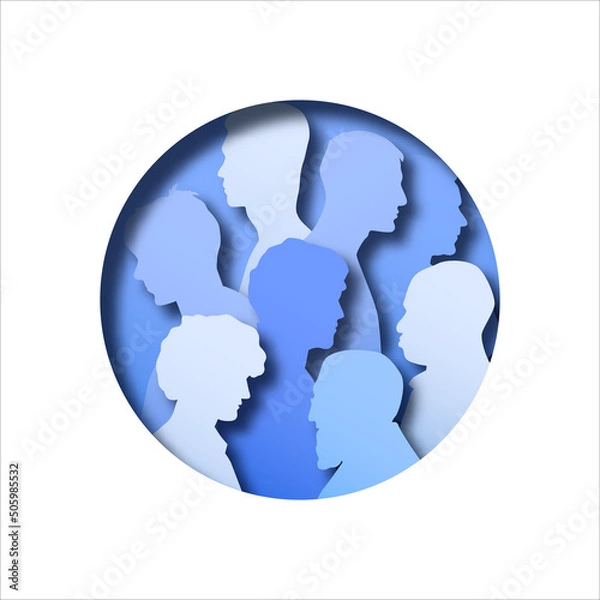 Fototapeta Diverse paper cut men people group illustration inside circle shape. All male team for men's issues or man psychology concept. Modern round papercut design of blue boy crowd silhouette.