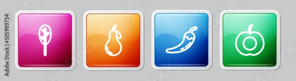 Fototapeta Set line Spinach, Pear, Hot chili pepper pod and Peach fruit. Colorful square button. Vector