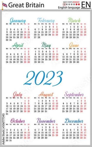 Obraz English vertical pocket calendar for 2023. Week starts Monday