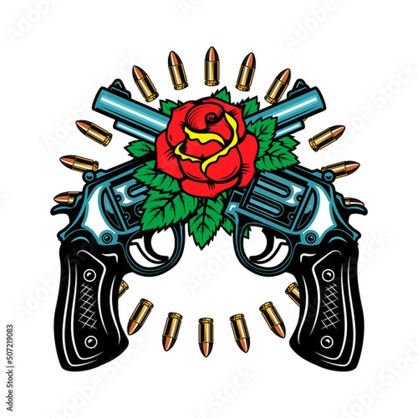 Fototapeta Crossed guns with roses. Design element for poster, card, banner, emblem, sign. Vector illustration