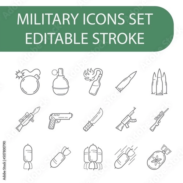 Fototapeta Military and war line icons set. Outline vector sign, linear style pictogram isolated on white. Symbol, logo, illustration. Editable stroke.