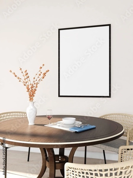 Fototapeta Dining room with vertical frame mockup, handmade chairs and table decoration. 3d rendering, interior design, 3d illustration