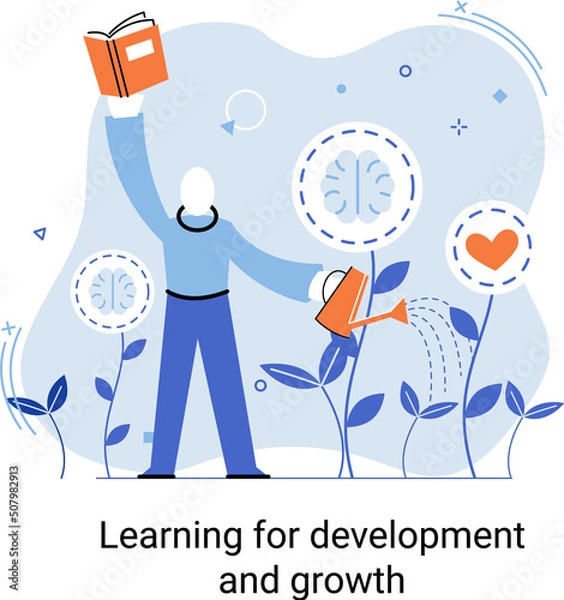 Fototapeta Learning development and growth. Self-learning metaphor, online emoloyee education distance e-learning. Skill improvement. Self development program way to success. Goal achieving professional training