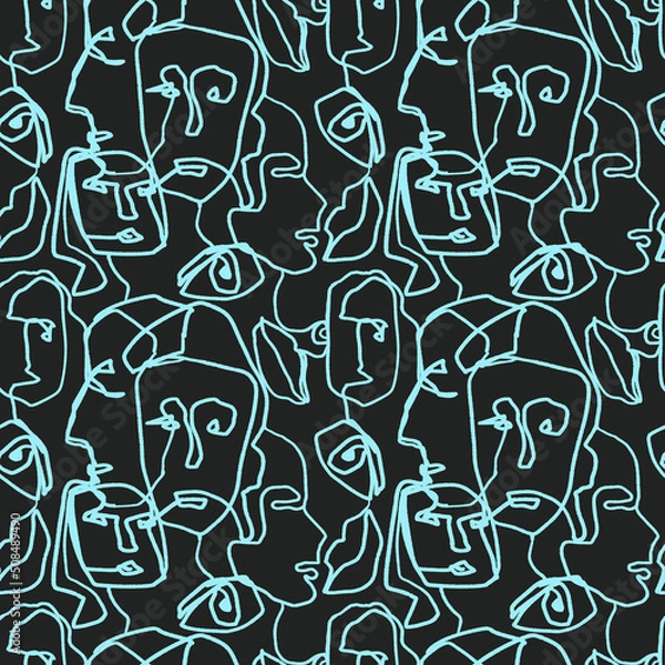 Fototapeta Line art faces on black background seamless pattern. Human portrait blue outline repeat print. People heads design for textile, fabric, wallpaper, wrapping paper, decoration.