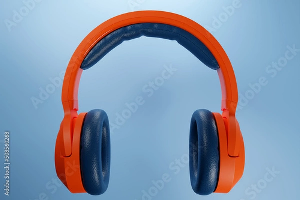 Obraz 3d illustration of orange headphones  on  blue isolated background on white lights. Headphone icon illustration