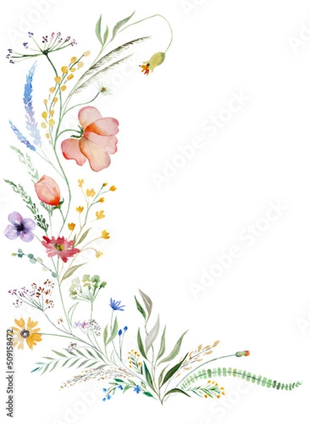 Obraz Bouquet made of watercolor wildflowers and leaves, wedding and greeting illustration