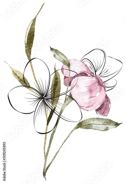 Fototapeta Watercolor tropical clipart and line art. Composition with tropical leaves, pink flowers on white background. Can be used for greeting cards, wedding invitations, textile, fabric, poster, print.