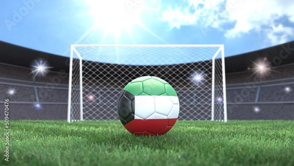 Fototapeta Soccer ball in flag colors on a bright sunny stadium background. Kuwait. 3D image