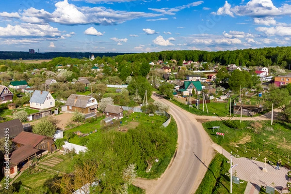 Fototapeta View of the countryside in Russia from the air. Spas-Zagorye village, Kaluzhskiy region, Russia