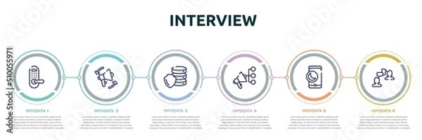 Fototapeta interview concept infographic design template. included door lock, traction, database security, promote, half moon, job interview icons and 6 option or steps.