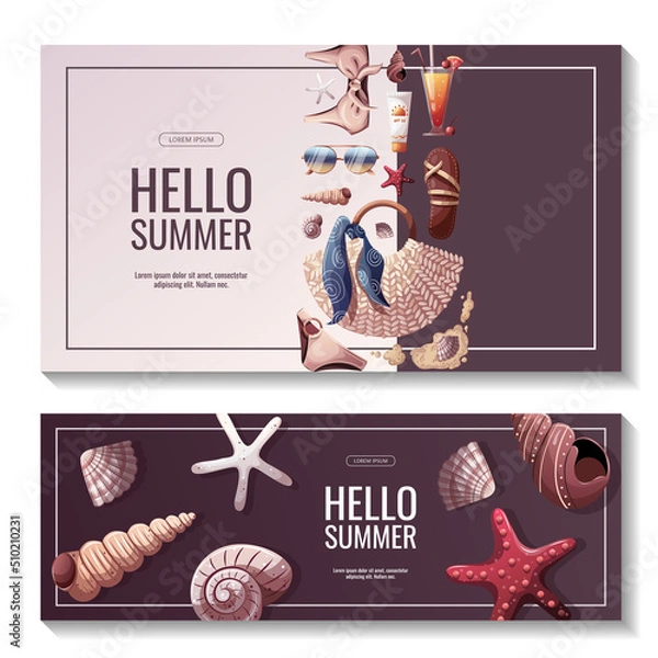 Fototapeta Set of summer banners for beach Holidays, Summer vacation, Leisure, Recreation concept. Vector Illustrations. Banner, flyer, poster, advertising.