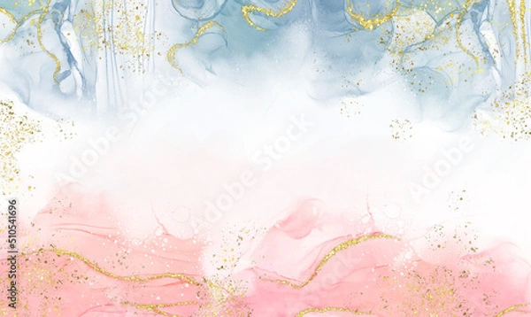 Fototapeta Abstract watercolor or alcohol ink art pink white background with golden crackers. Pastel pink marble drawing effect. llustration design template for wedding invitation,decoration, banner, background.