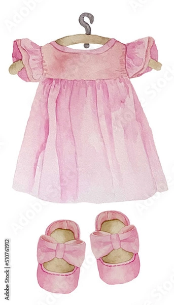 Fototapeta Watercolor baby girl shower set. Its a girl theme with a dress on a hanger and shoes. Its a girl illustration