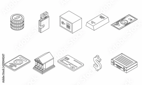 Fototapeta Bank metals icons set. Isometric set of bank metals vector icons outline isolated on white background