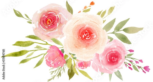 Fototapeta Watercolor blush floral Bouquet clipart , Wedding pink rose compositions for wedding invitations or greeting cards, Floral arrangements