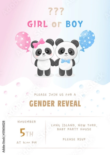 Fototapeta He or she. Boy or girl. Vector gender reveal party invitation template with cute little panda boy and girl and pink and blue balloons.