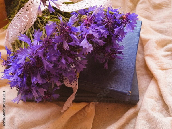 Fototapeta bouquet of purple cornflowers with white vintage ribbon with blue books top view