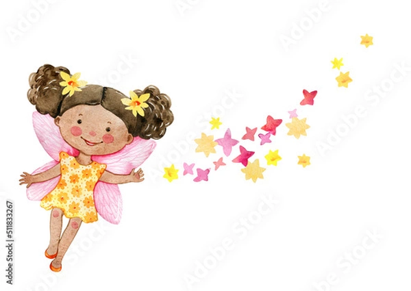 Fototapeta Watercolor cute woodland fairy illustration. Summer kids party decor. Forest magic fairytale clipart isolated on white background. Cartoon fairy character. Greeting, card, postcard, banner, poster