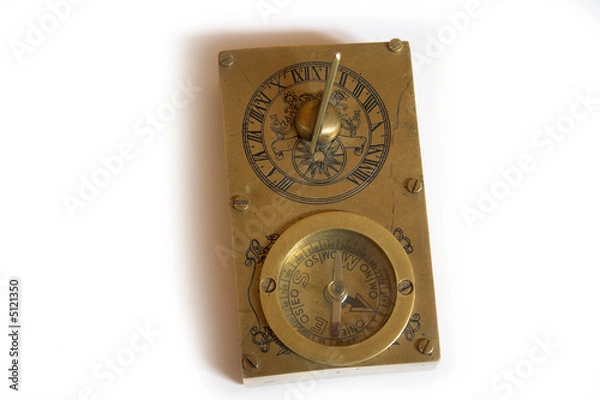 Fototapeta Antique brass compass and solar clock 