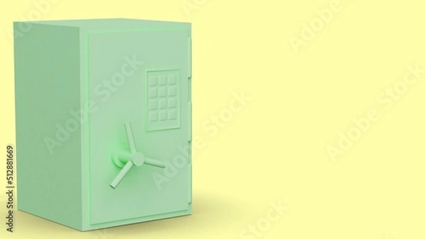 Fototapeta Sturdy green safe on yellow background. Conceptual 3D illustration of security measures.