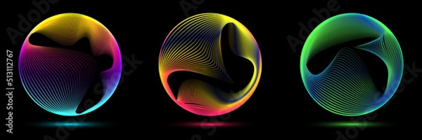 Fototapeta Set of glowing neon color circles round curve shape with wavy dynamic lines isolated on black background