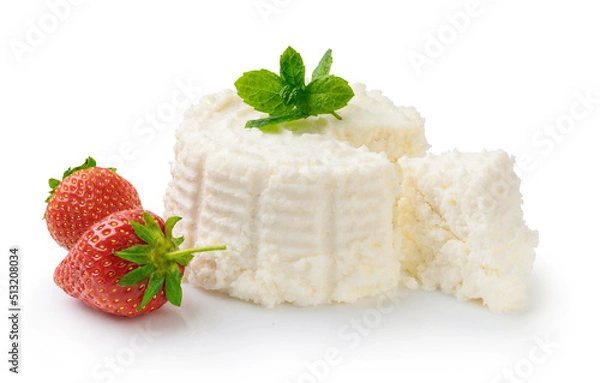 Fototapeta Ricotta cheese with mint leaves and strawberries isolated on white. Sliced soft cheese ricotta for dessert.