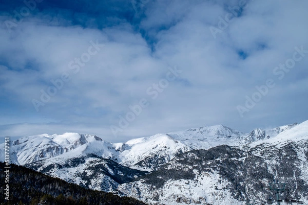 Fototapeta snowy mountains of the Principality of Andorra. Snow, skiing, mountains, clouds, a perfect place.