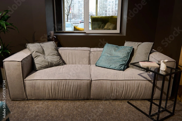 Fototapeta Comfortable sofa upholstered with light velour fabric, pillows and a small journal table displayed for sale in a furniture design store.