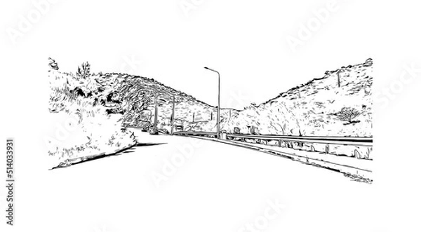 Fototapeta Building view with landmark of Mytilene is the capital in Lesbos. Hand drawn sketch illustration in vector.